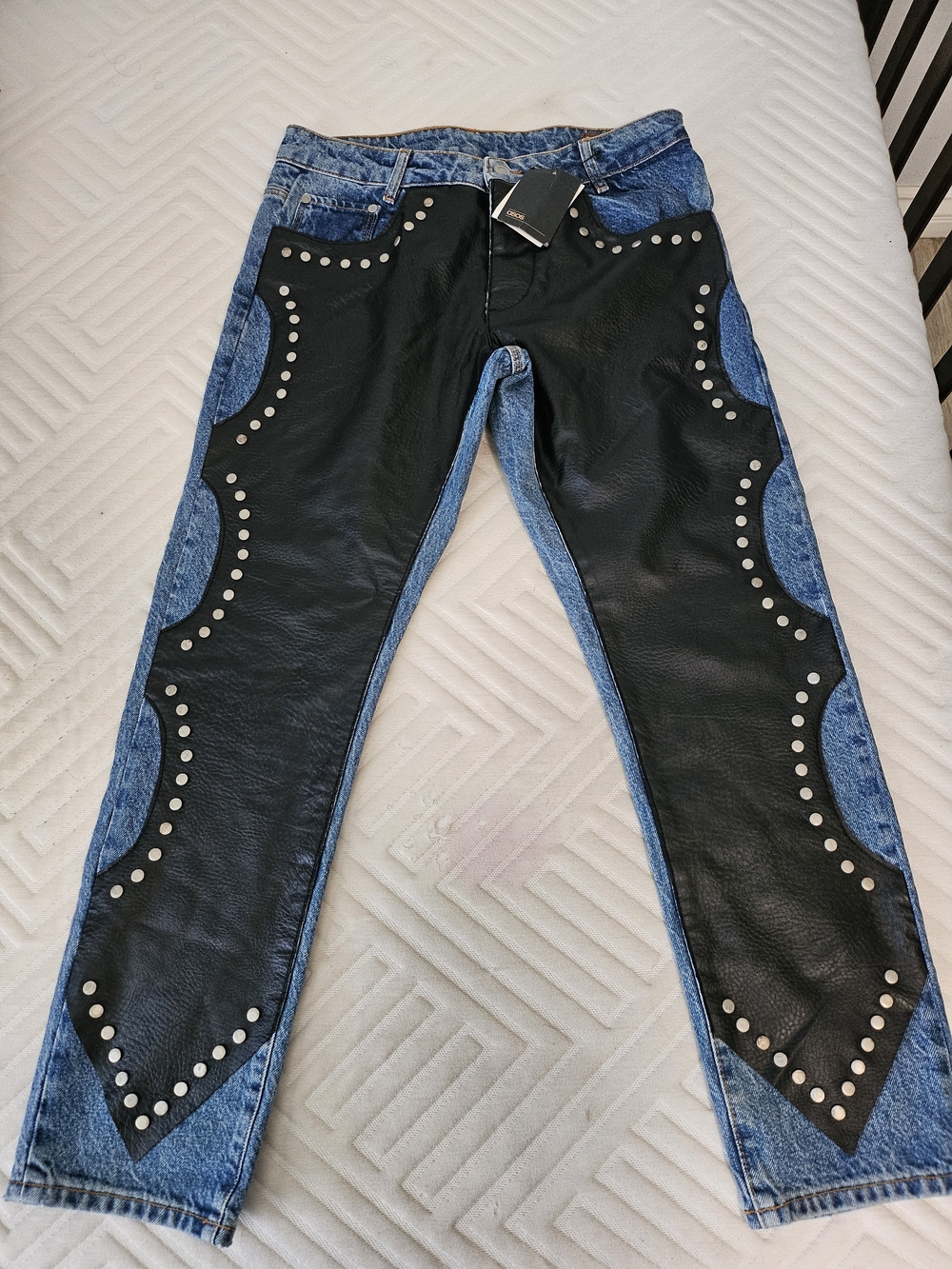 ASOS Two-Tone Blue Denim Jeans with Black Studded  Faux Leather Panels